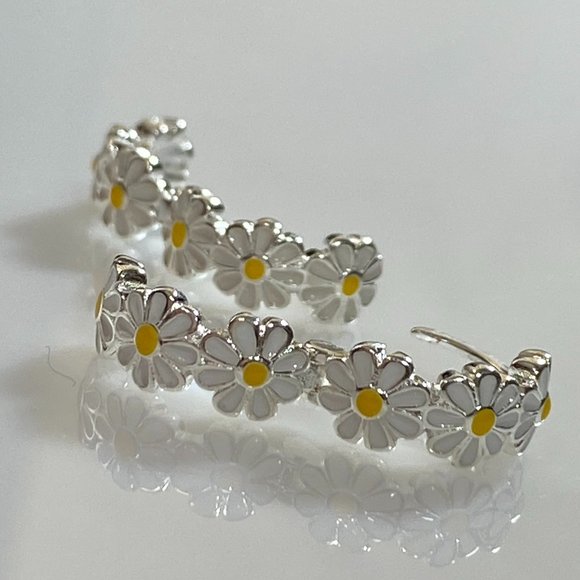 Sterling Silver Daisy Huggie Hoop Earrings - Picture 5 of 9